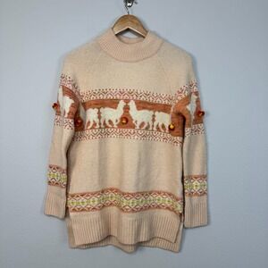 Anthropologie Aimee Alpaca Llama Pom Sweater Rib Trim Knit Mock Neck Peach Sz XS
